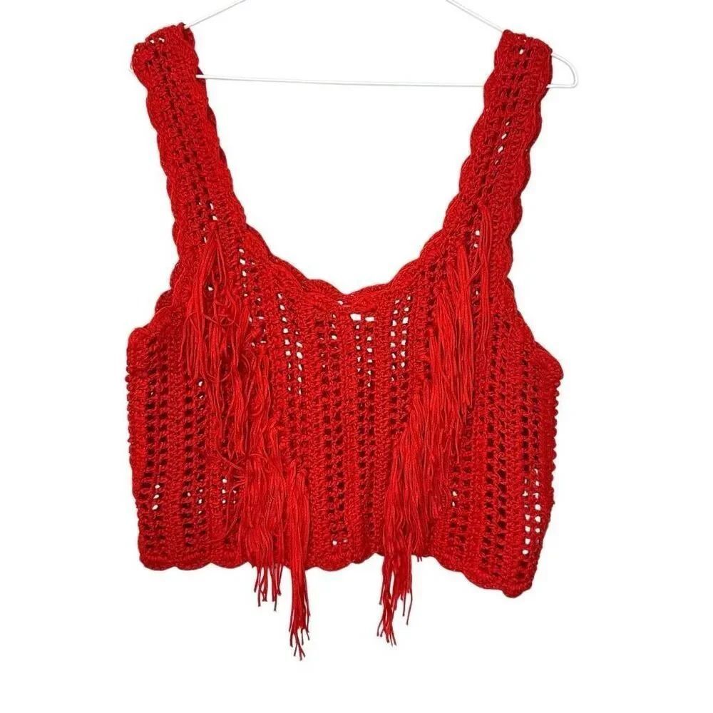Zara Crochet Knitted Fringed Sleeveless Cropped Boho Red Tank Top Size Medium